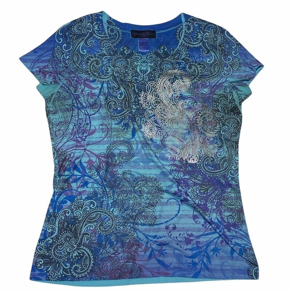 APPROPRIATE Behavior Multi-tone Blue Striped Paisley Print Short Sleeve Blouse - Picture 5 of 10